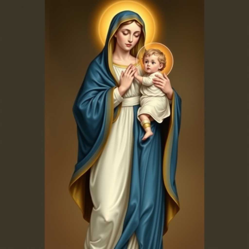 Beautiful Madonna dressed in blue and white in a long gown with the child Jesus in her arms.