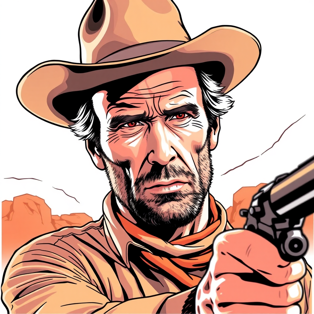 western action comic book style color vector illustration of actor Clint Eastwood, coloring book, detailed features, 2D, establishing shot, vector illustration, vector illustration, movement lines