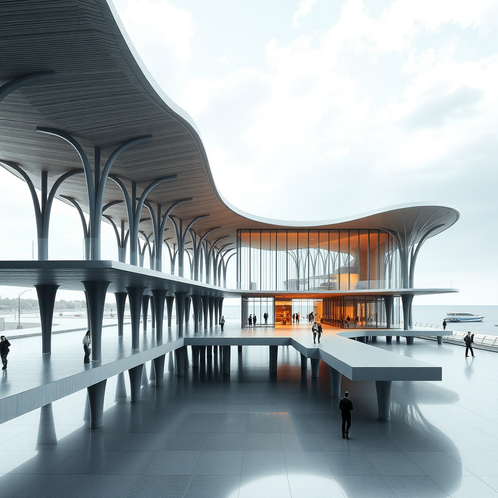 Concept design of a bus terminal inspired by Sendai Mediatheque 
Architect: Toyo Ito with stilt floor and staggered flooring with 2 storey structure bus terminal should be open, fluid, public space with commercial space the bus terminal is has beach in west side. architecture structural form