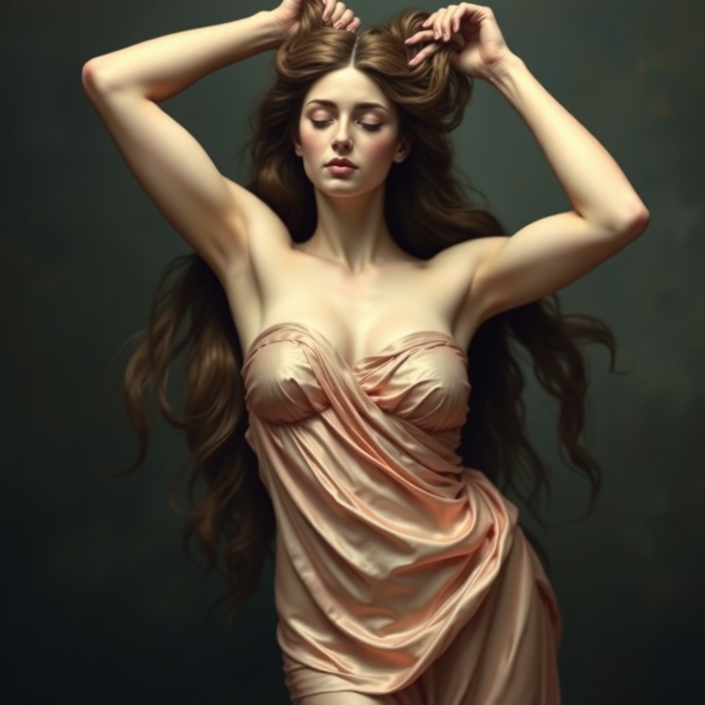 The Goddess Venus with her arms up and her hands plunging into her thick hair. She wears a strapless silken sheet.