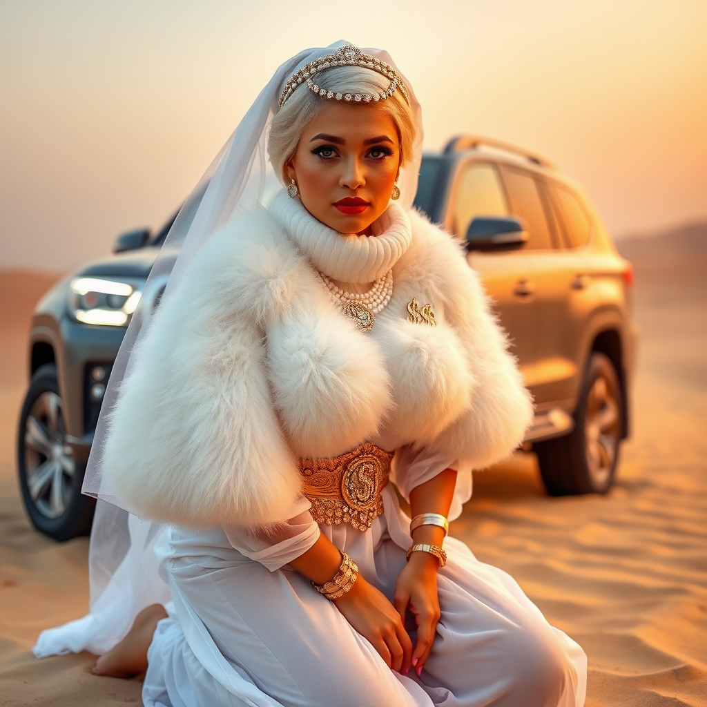 Kuwait desert dunes misty dawn, full size luxury SUV: Melissa, European 17 years old very convincing femboy “trophy-bimbo”, tamed servile docile, very beautiful feminine flawless face, rather short, by hormones very curvaceous womanly figured, platinum blond short tight curls, bold red lips, heavily made-up face, wearing Supertanya-style fluffy very fuzzy bright white angora turtleneck-poncho cropped ending under bust decorated with pearls and gemstones, striking oriental wide gold bridal protection belt, white fully transparent harem pants, full Oriental bridal jewelry including headpiece, white transparent Burka face veil, coin anklets, striking diamond “$$$” letter brooch on left chest, pout frustrated, hands tied behind back, kneeling in sand in front of SUV, looking at camera. Focus on face and turtleneck-poncho.