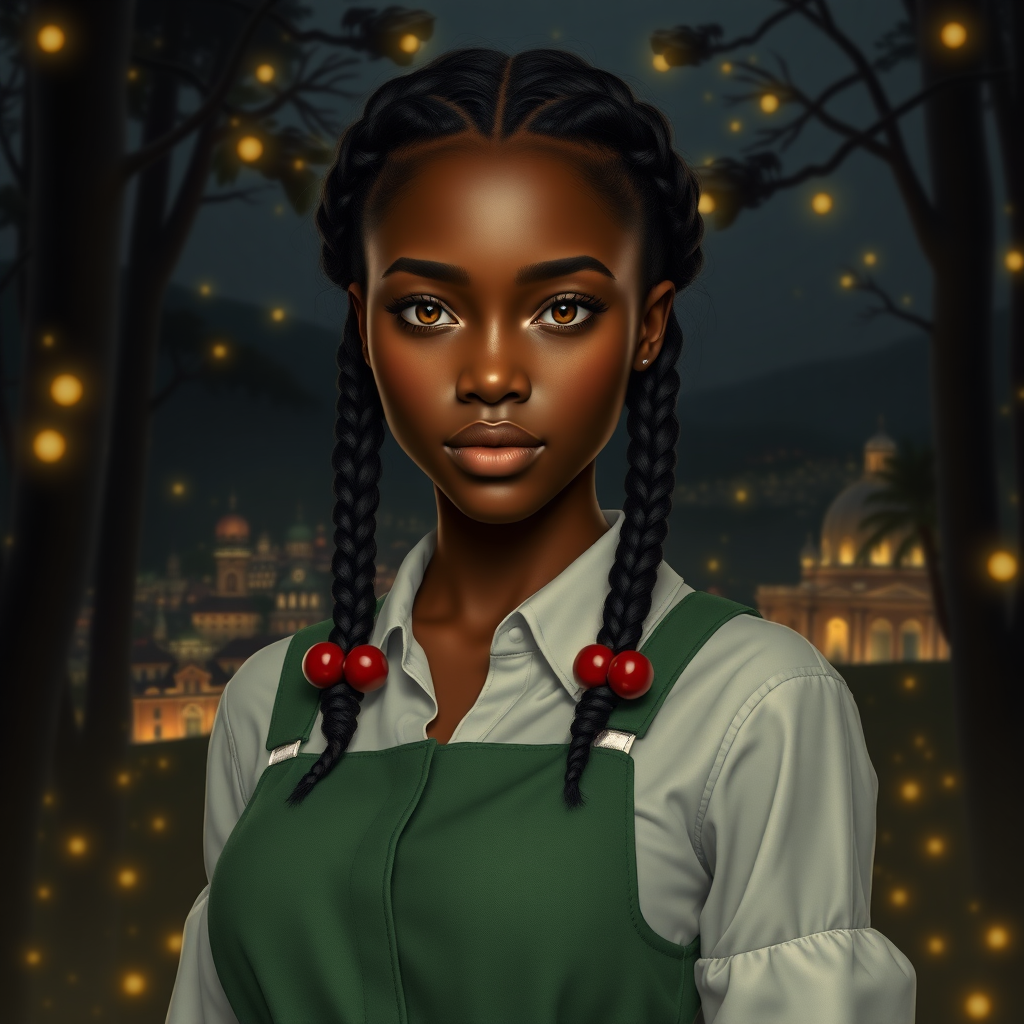 Create a realistic and detailed style image of a 25-year-old woman with ebony skin. Her eyes are light brown in color. Her hair is slightly wavy and tied in two braids. She has delicate features, and her face is strong and cute at the same time. She wears a green jumpsuit and a white blouse underneath. Her skin appears to have a slight wooden appearance. It's in the middle of a dark forest, lit by fireflies that glow softly. In the background, a city with fantastic architecture gives a magical touch to the scene. The image must be in a realistic style, capturing every detail with precision and 8k quality. It looks like a photograph. Extremely realistic. 25 years old. At the end of her braids, there are two cherry-shaped elastics. Beautiful. Beautiful. Extremely realistic. Beautiful appearance.