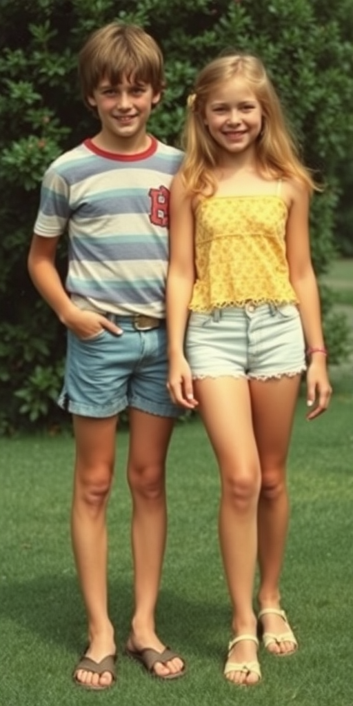 A realistic photo of a 14yo teen boy and girl. British. Long legs, bare thighs. Hot summer. Full length view. Vintage photo, 1980s.