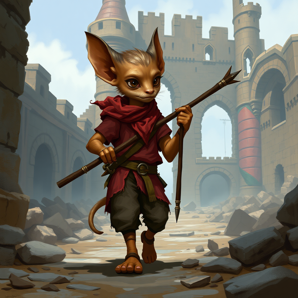 A small, skinny, light brown kobold in a tattered red tunic and dirty brown pants wearing a quarterstaff on his back as he walks through a ruined castle.