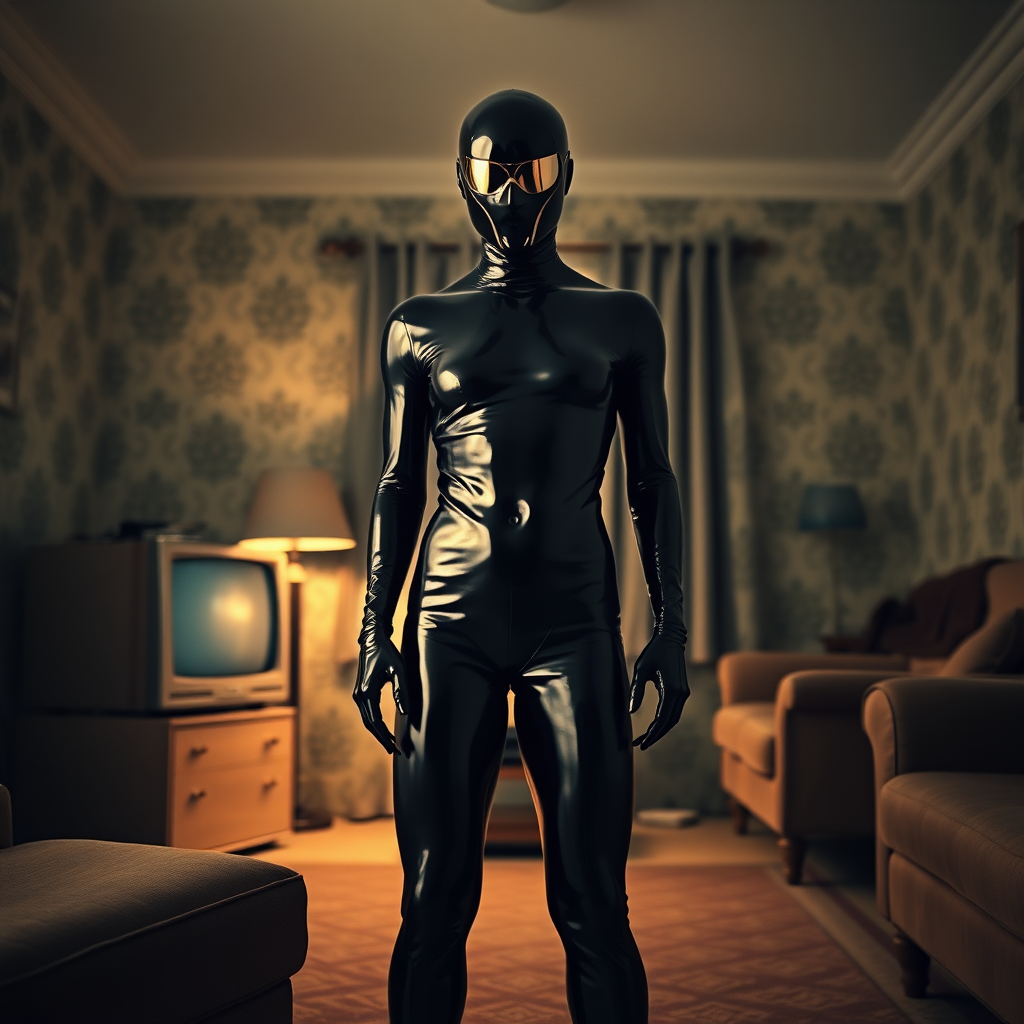 The scene opens in a dimly lit 1950s-inspired living room, complete with vintage wallpaper, a boxy television, and mid-century furniture. However, the atmosphere feels strangely subversive—an undercurrent of dark allure permeates the retro space. A figure stands in the center, clad in glossy black latex fetishwear, a stark contrast to the prim, domestic setting. Their form-fitting outfit reflects the soft glow of a single lamp, highlighting every curve with an intense sheen. The figure’s face is obscured by a slick, mirrored mask, distorting their identity and adding a surreal, uncanny tension to the scene.

The camera starts with a slow zoom-in, beginning from a wide-angle shot that captures the entire room in a hyper-detailed, photorealistic style. As it draws closer, the latex-clad figure becomes the focus, the details of the fabric’s reflective surface rendered in ultra-smooth, high-definition. The camera tilts upward from waist level, emphasizing the sleek, dominant posture. The shadows stretch unnaturally, adding an unsettling, almost dreamlike quality to the scene, while the soft sepia tones of the 1950s décor create a striking juxtaposition with the stark black latex, pushing the tension between retro innocence and modern fetishism to the forefront.