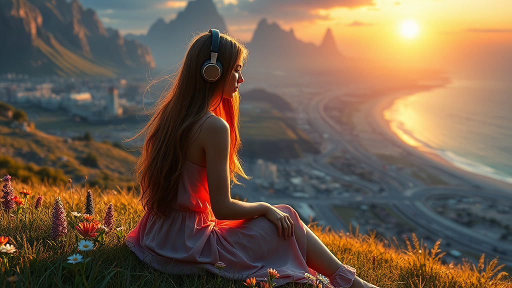 pretty woman long hair, pretty dress, sit on the grass with flowers, with headphones, alien planet, aliens buildings, with nice greenery flowers and rivers, beach, nice sunset, highways and streets, ultra realistic view high detail