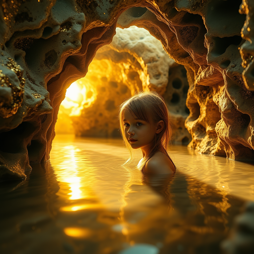 a young girl in a flooded cave, bjd, high quality photo, intricate environment, ultra-detailed, impressionistic, dynamic composition, artistic photograph, geode, alabaster, gold, fractal, intense colors, glittering, sunlight, illumination, transparency, mandelbulb