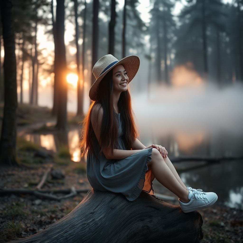 a young woman sitting on a trunk next to a lake in a forest. long brunette hair. she is wearing a dress, sneakers and a wide straw hat. enjoying the sight with a smile. the sinking sun is falling through the trees. a little fog is rising from the lake. light like in a fairy tale, a bit mystic. photo