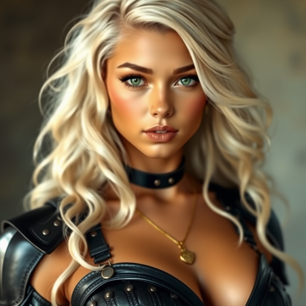 Portrait of a beautiful young woman with long wavy platinum blonde hair, green eyes, a suntan, light brown eyebrows, and large breasts. She is wearing black leather armor and a gold necklace with a small heart pendant.