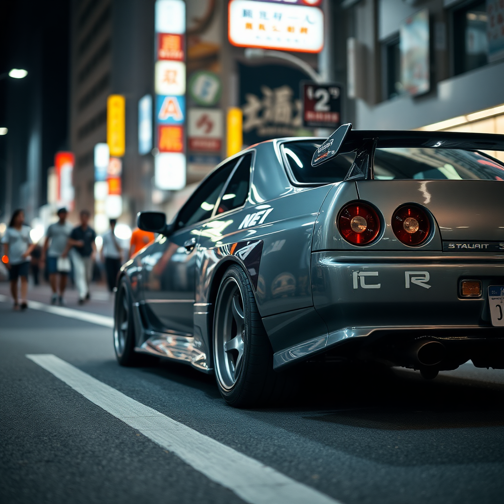 The car is parked on the side of the road, inspired by Taiyō Matsumoto, tumblr, restomod, nd4, c4 metallic shine gray black nissan skyline r34 crowded tokyo night background detailed overall details.