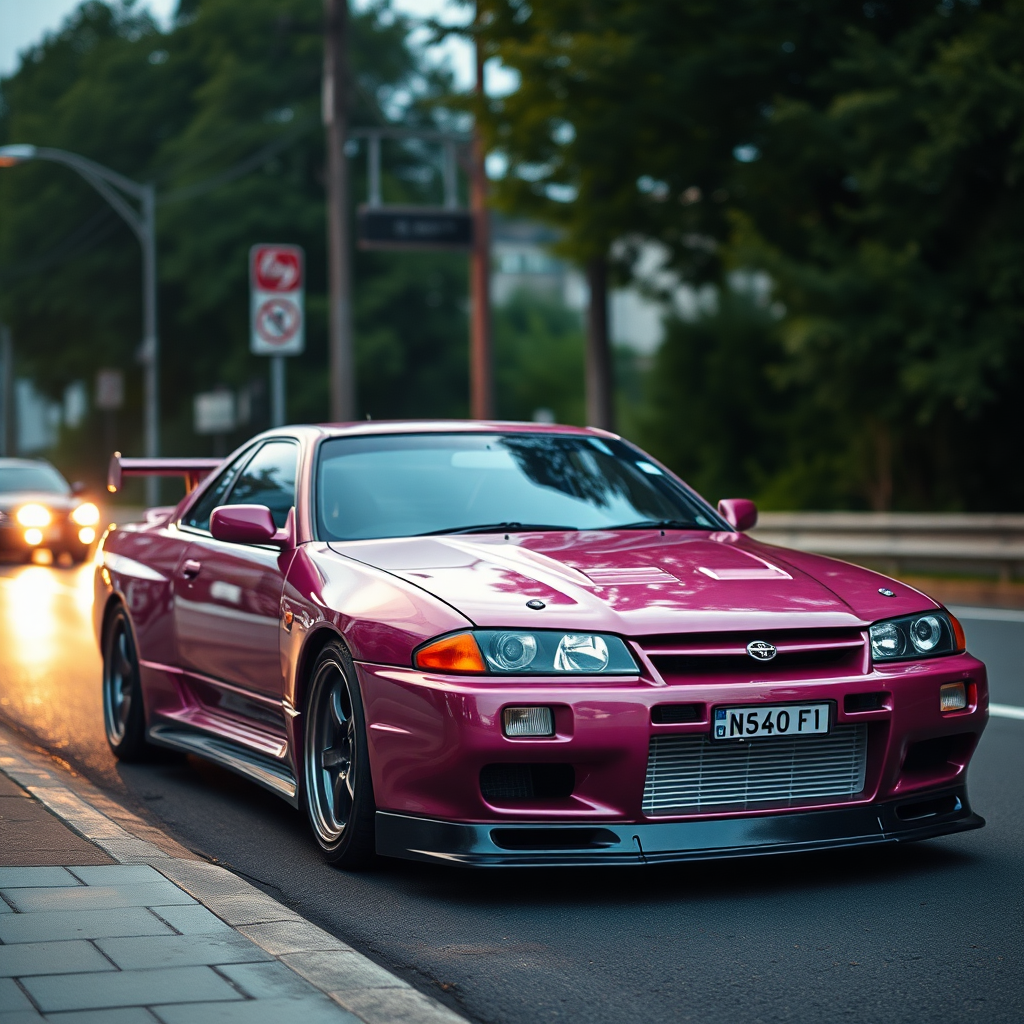 the car is parked on the side of the road, inspired by Taiyō Matsumoto, tumblr, restomod, nd4, c4 metallic shine nissan skyline r34