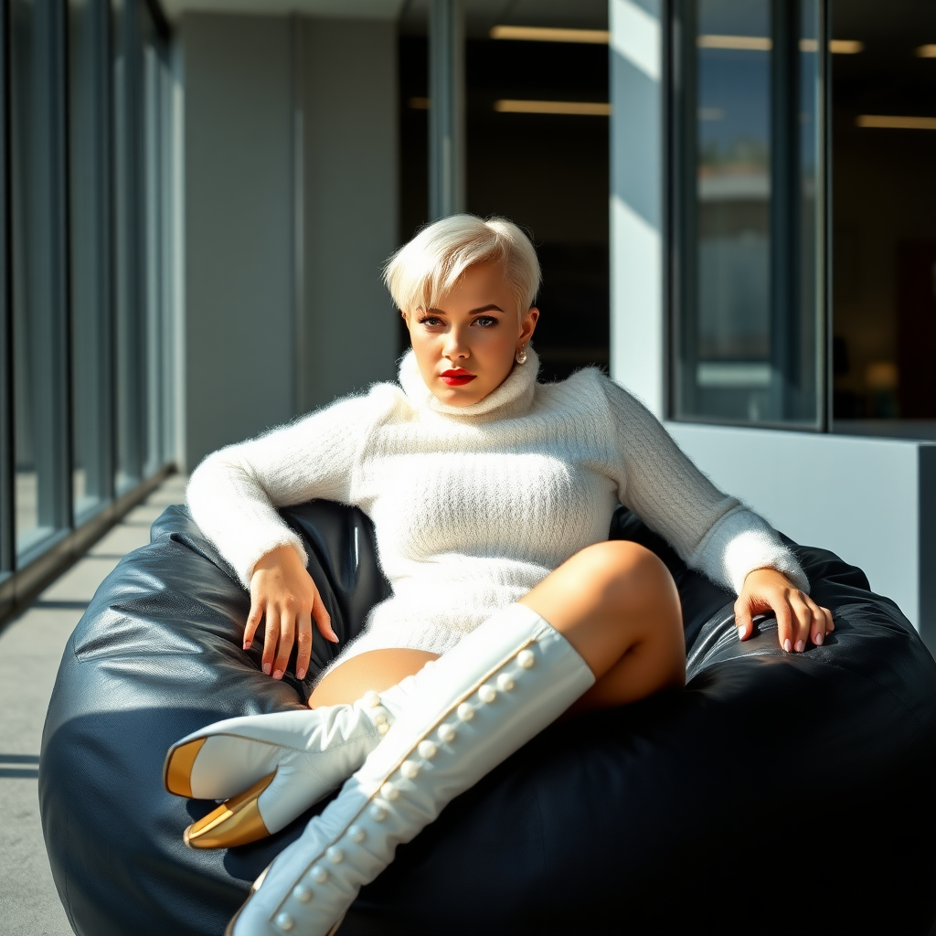 Sunny spring morning, modern glass-steel-concrete office, resting on black leather beanbag at wall, waiting for the master: Ana, European 17 years old very convincing femboy “trophy-bimbo”, tamed servile docile, very beautiful feminine flawless face, rather short boyish figure, platinum blond short tight curls, bold red lips, heavily made-up face, long French nails, wearing Supertanya-style chunky fluffy very fuzzy bright white plushy mohair figure-hugging turtleneck-knitdress with white pearl decoration, white vinyl thigh-high boots with golden heels, pearl earrings, serious, leaning forward presenting her assets, arrogantly looking at camera.