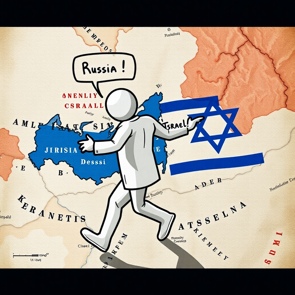 Silly person marching back and forth between the maps of Russia and Israel who says: "Back and forth!"