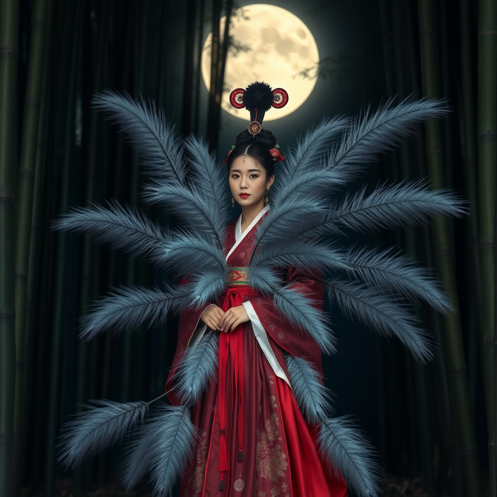 A Korean kumiho woman in an ancient hanbok with nine one-meter long silver bushy foxtails that come from her middle ass, in front of the full moon in a bamboo forest.