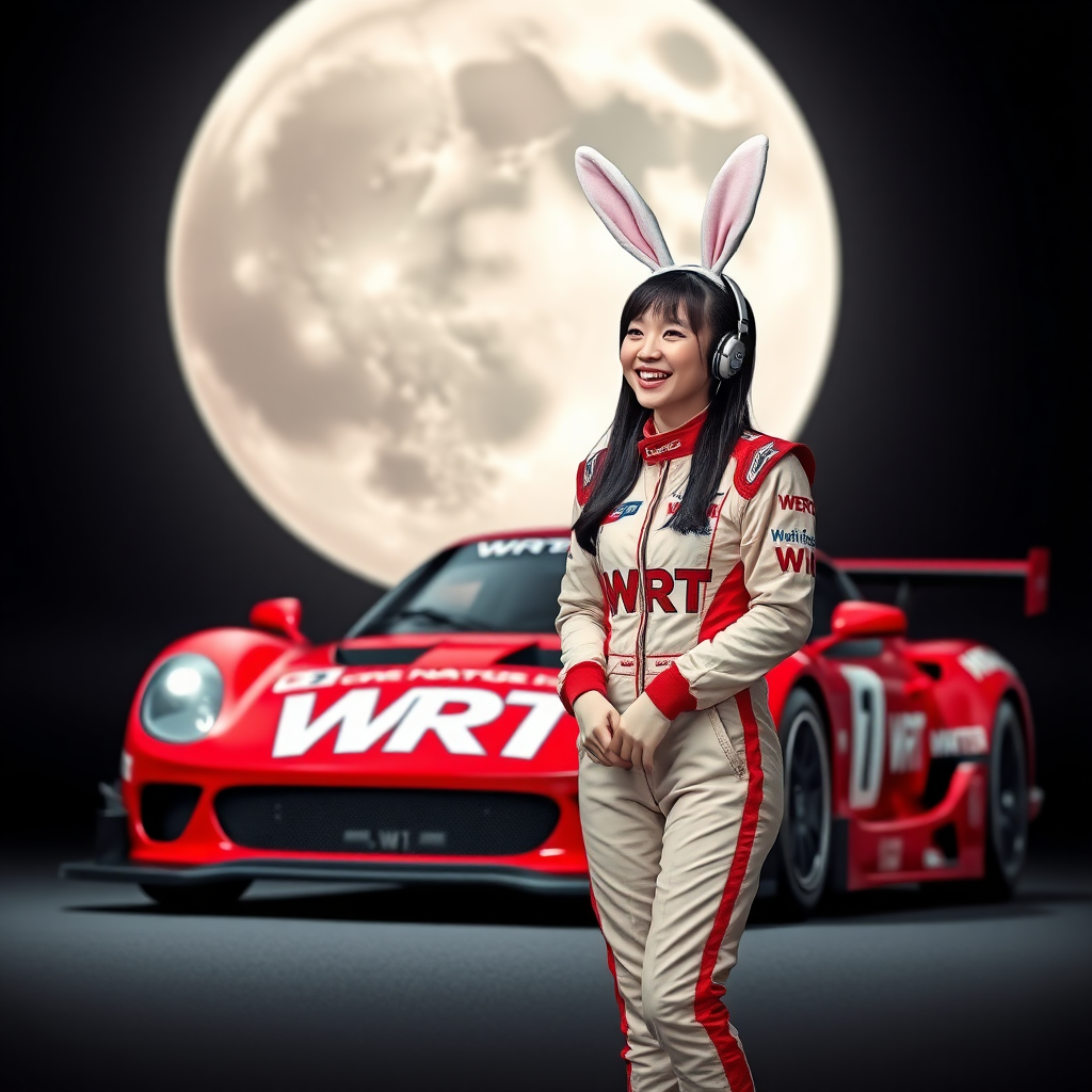 A red race car with "WRT" written on it, a beautiful Chinese female racer wearing bunny ears on her head, standing beside the car and laughing, her racing suit also has "WRT" written on it, with an enormous moon in the background.