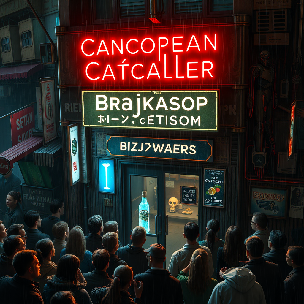 Overhead shot of a crowd gathering in front of a bar in a futuristic mechwarrior city. Sign with "Canopean Catcaller" in neon above the door. Night, raining, realistic, lens flare. Advertisement for a drink called "Brajkaisop".