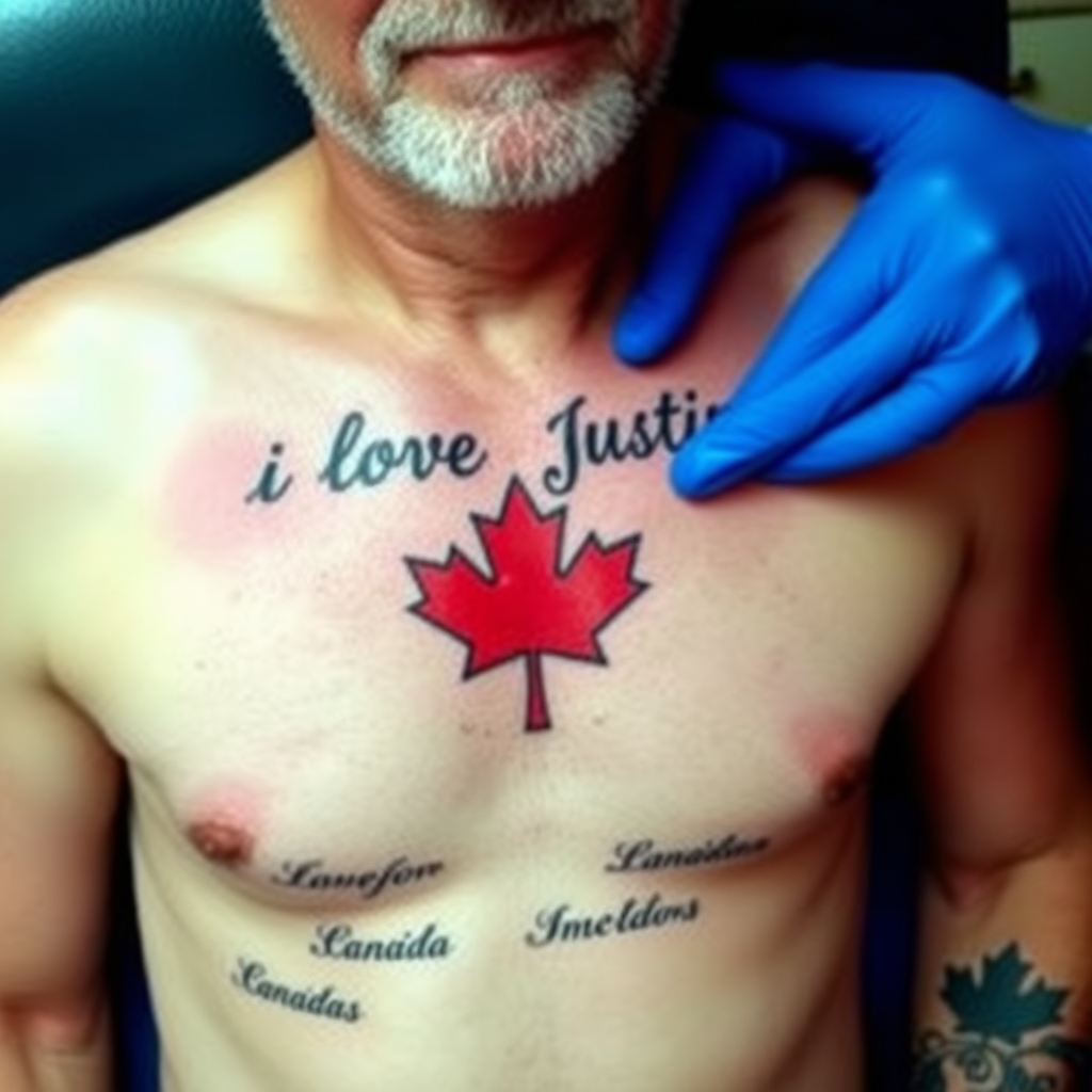 A 55-year-old man is getting tattooed on his chest "i love justin" above a tattoo of the Canadian flag and several tattoos "i love canada."