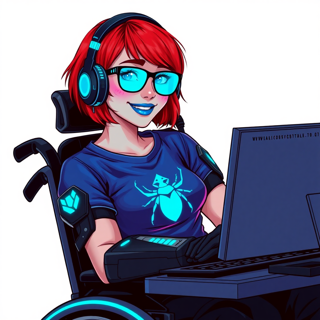 A nerdy, 28-year-old computer hacker in a wheelchair, with a unique, fiery crimson bob cut, maximum blue lipstick, and piercing blue eyes. She wears a maximum blue t-shirt adorned with a maximum turquoise chest icon of a beetle and hi-tech arm armor with neon blue glowing accents. Her accessories include a sapphire headset, sleek black eyeglasses with maximum turquoise lenses with a built-in HUD, a lovestruck smile, and neon red blush. She serves as her vigilante boyfriend’s tech expert from his secret hideout, diligently working at her computer. The background is a solid white. She is drawn as if she was in a retro 2D cyberpunk fighting game. Ensure her hair color is distinct from DC’s superheroine Oracle and any other character.