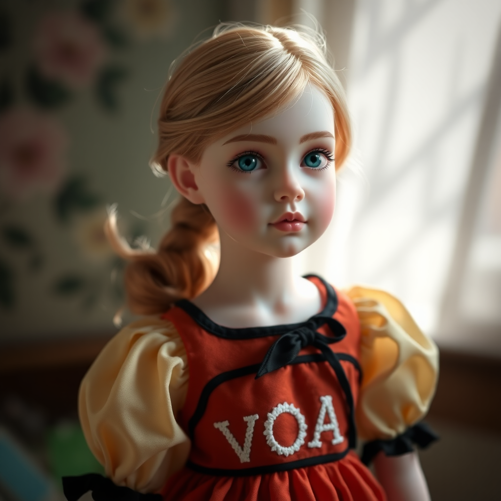 ooak art doll, artist doll, realistic doll, life-like porcelain doll, young preteen girl, unique personality, bisque doll, text "VOA" on dress, aesthetic, artistic photography, sunshine