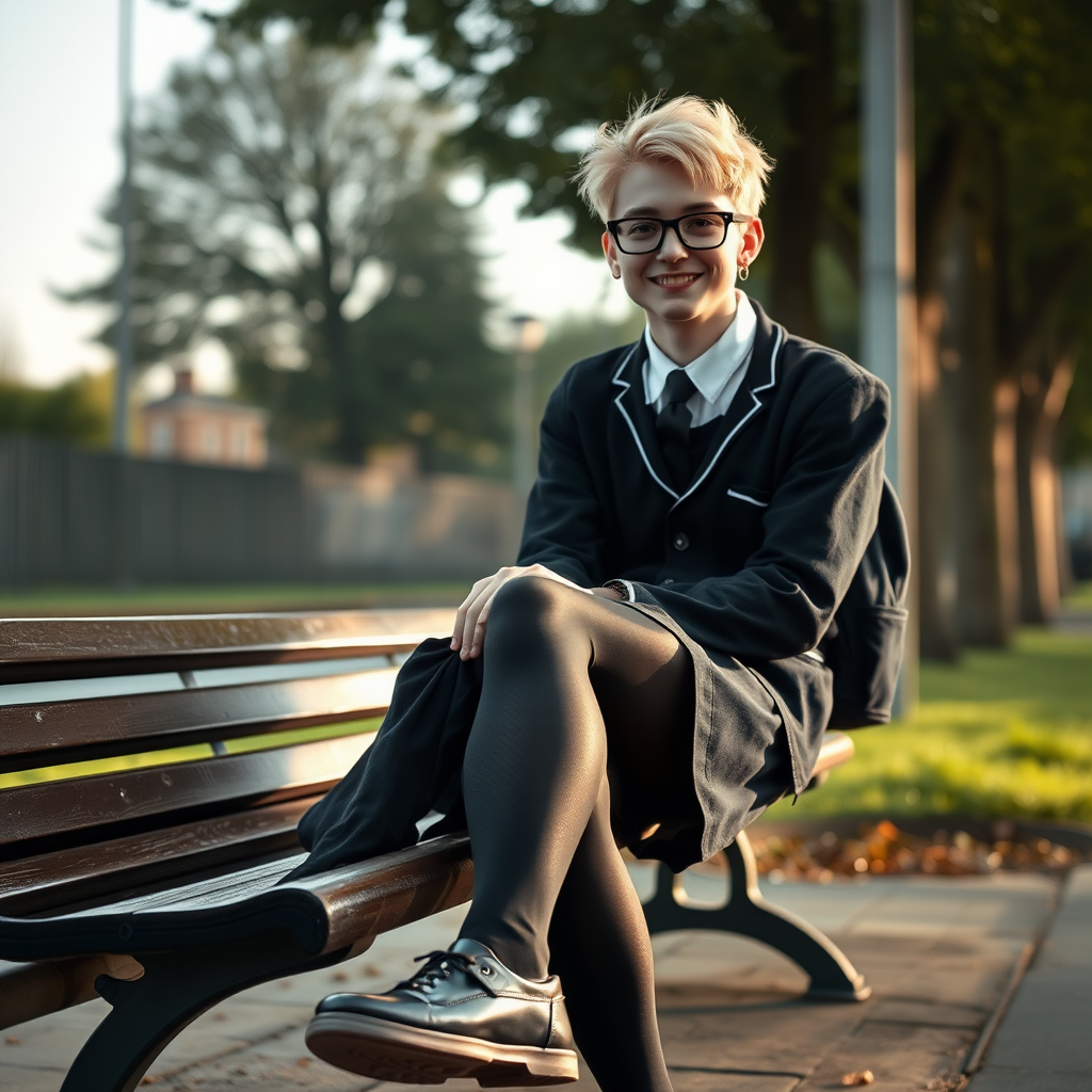 photorealistic, ultra high resolution, 16K, surreal fantasy, soft studio lighting, a pretty 18 year old goth male, slim male physique, short blonde hair, black glasses, goth makeup, earrings, shiny black pantyhose, UK girls-school uniform, Mary-Jane shoes, sitting on his boyfriend's lap on a bench waiting for the school bus, in daylight, excited smile, facing the camera.