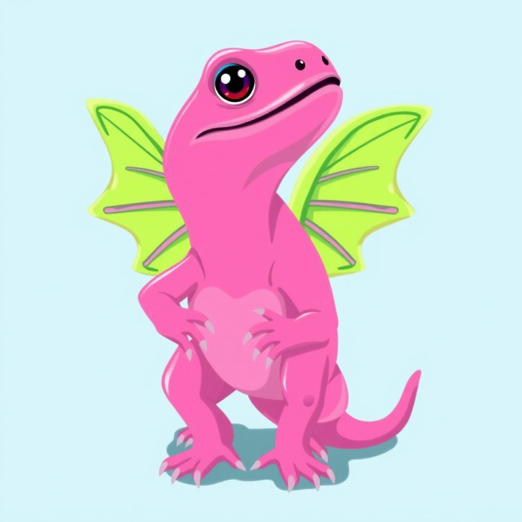 pink lizard, green wings, blue tongue