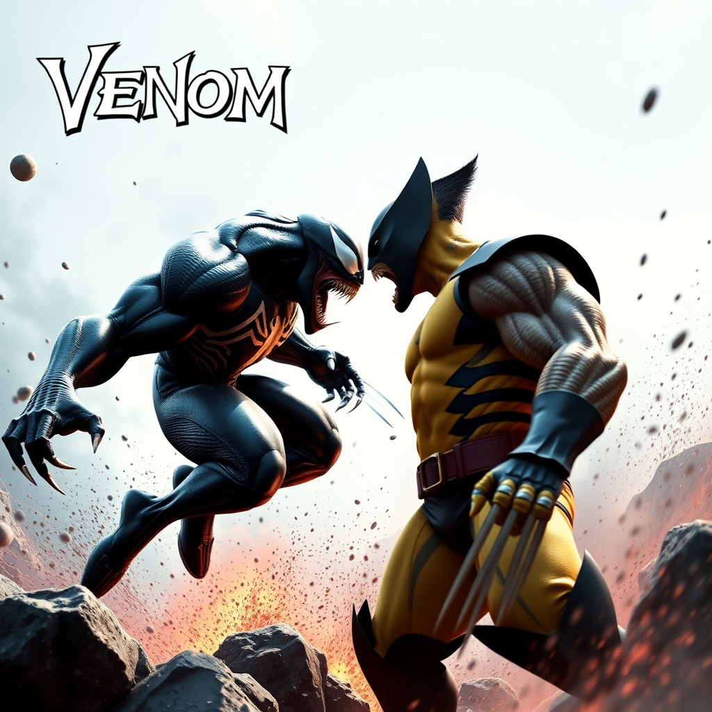 jumping out of an epic comic book cover is Venom Vs Wolverine head-to-head in battle. Cinematic Real3d photo-realistic quality.