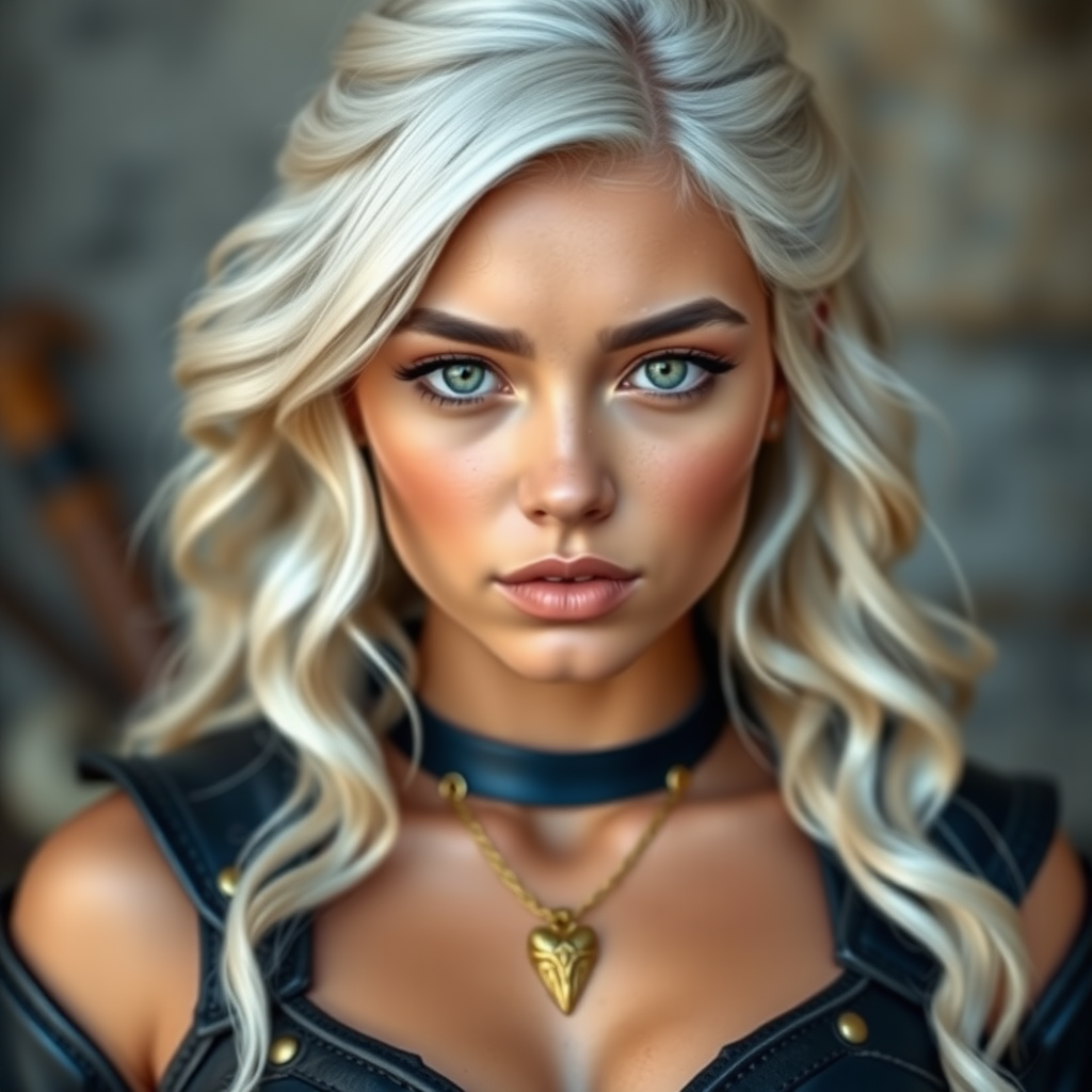 Portrait of a beautiful young woman with long wavy platinum blonde hair, platinum blonde eyebrows, green eyes, a suntan, and large breasts. She is wearing black leather armor and a gold necklace with a small heart pendant.