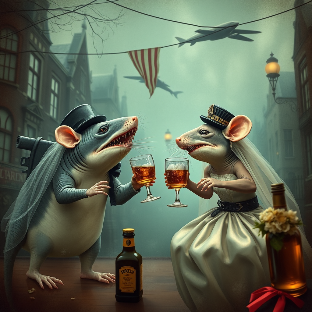 A rat wedding being attacked by hammerhead sharks, no text, Lovecraftian, in Amsterdam, steam punk, tacky, whiskey ad