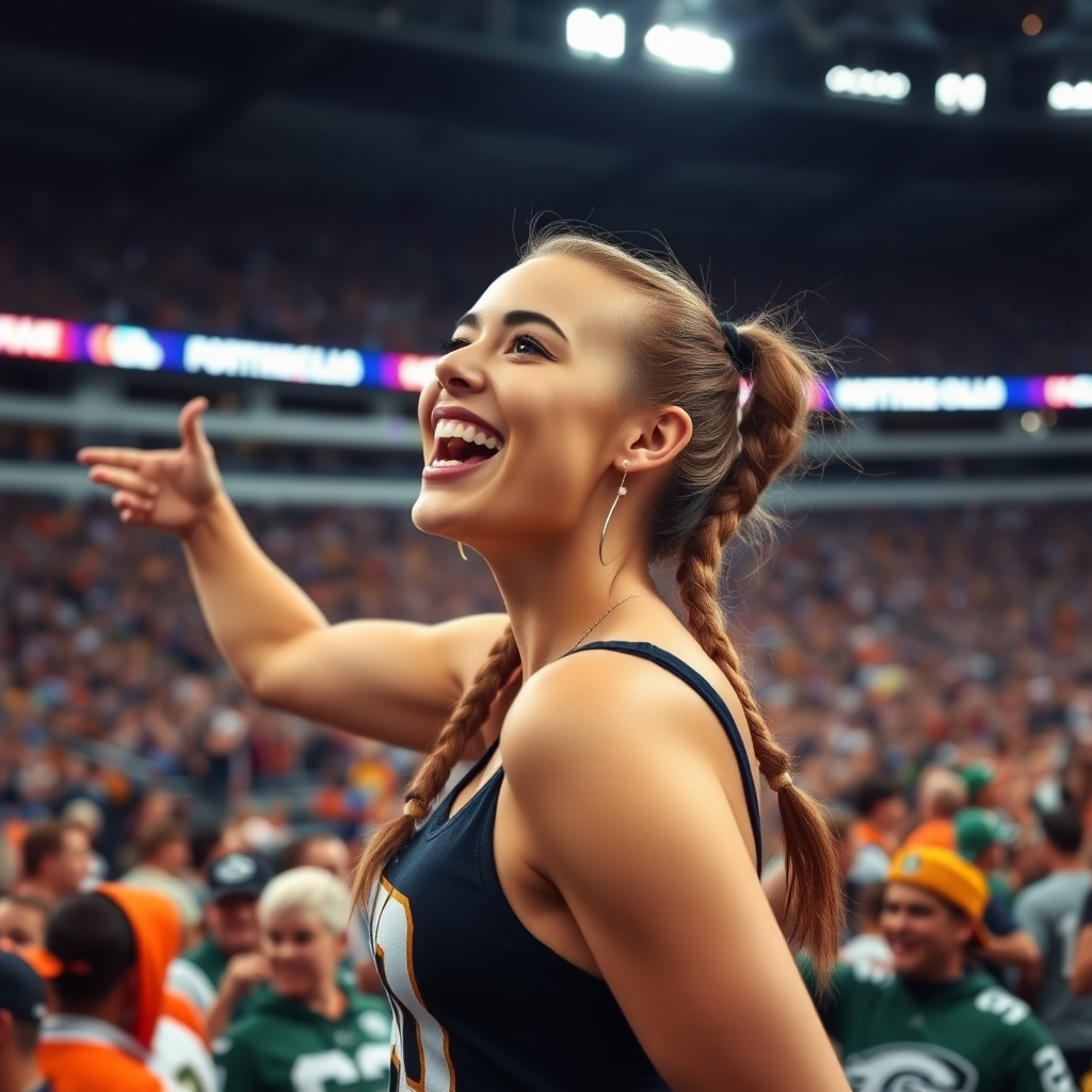 Hot female NFL fan is cheering for team, pigtail hair, inside crowded stadium