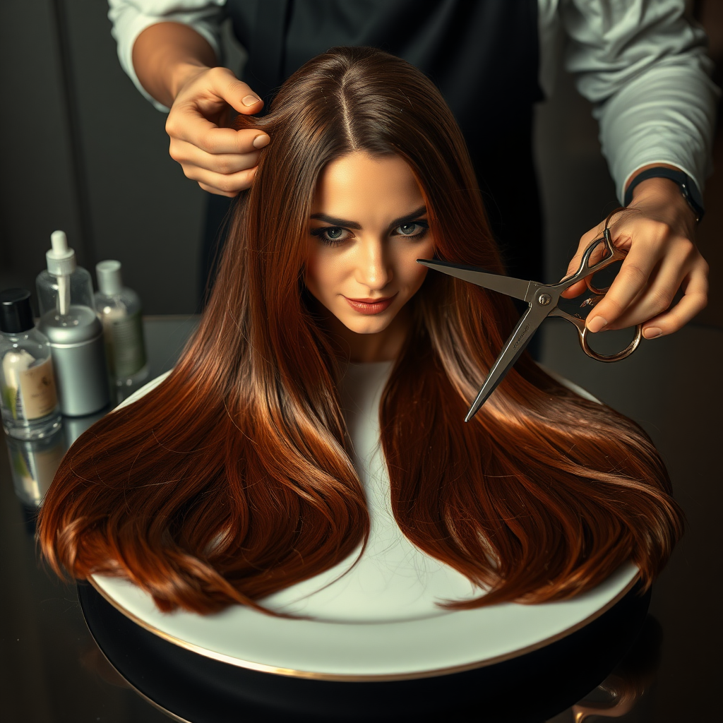 In a bizarre, surreal tableau, the polished surface of an elegant dining plate cradles the disembodied head of a strikingly beautiful Kate Middleton, her long, flowing hair cascading like a glossy waterfall of deep chestnut and honey highlights. The hair is luxuriously arranged, strands shimmering under the soft, ambient light that bathes the scene in an ethereal glow.

A skilled hairdresser, clad in a sleek black apron, stands poised with a pair of gleaming scissors, carefully trimming the endlessly luxurious locks that frame Kate's serene, almost ethereal features. The air is thick with the scent of salon products mingling with delicate hints of floral fragrances, creating an unusual yet strangely inviting atmosphere. The hairdresser's focused expression reveals a meticulous dedication as snippets of hair fall gracefully onto the pristine plate, echoing a sense of both artistry and absurdity.

The overall emotional tone conveys a dreamlike quality, inviting viewers to ponder the juxtaposition of beauty, identity, and the bizarre circumstances that bind them in this extraordinary moment.