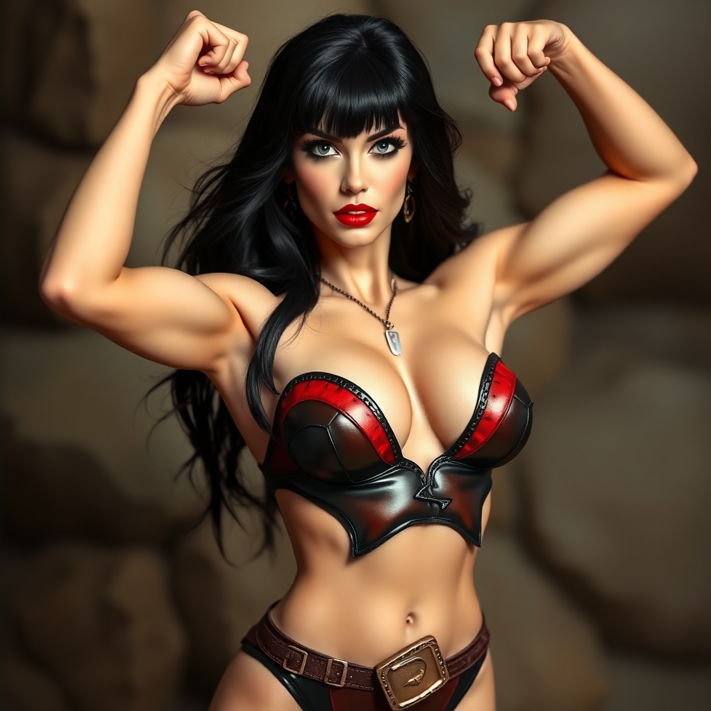 imagine: Vampirella legendary warrior flexing her lithe Amazonian figure. Arms up. She's slender, more feminine and still strong looking. Insanely detailed DSLR photograph