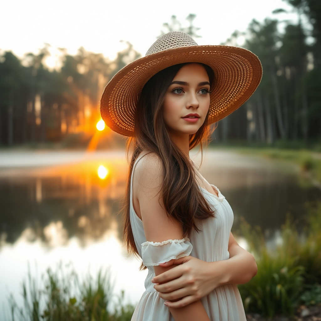 a young woman posing next to a lake in a forrest. long brunette hair. she is wearing a dress and a wide straw hat. looking to the side. the sinking sun is falling through the trees. a little fog is rising from the lake. light like in fairy tale. photo