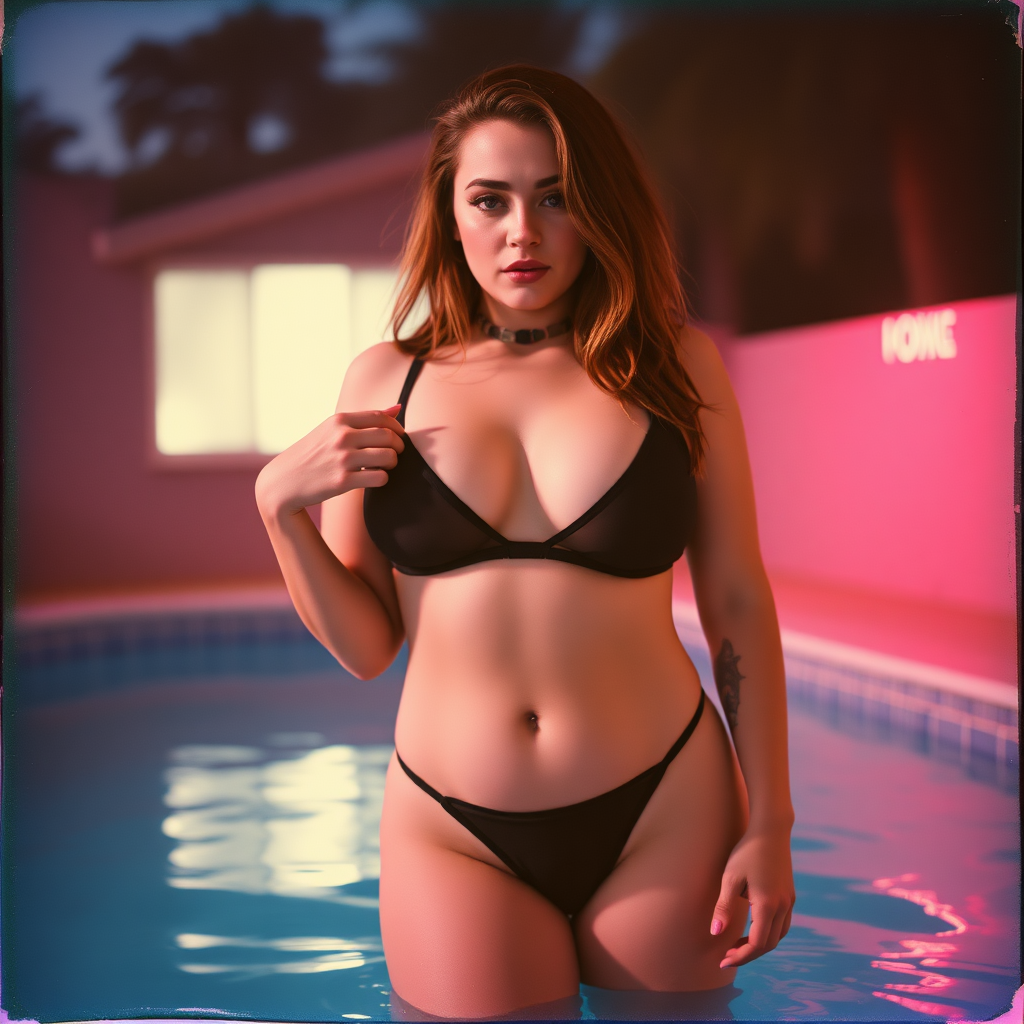 old polaroid photo with heavy vignetting and pink and blue artistic studio lighting color tint and light leak, depicting a sexy curvy thicc pale white alt goth girl with eye makeup, pulling down her tiny revealing black see thru bikini gstring thong, standing in a pool to show a tiny strip of pubic hair sticking out