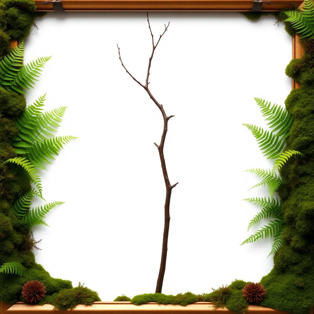 A picture frame is filled with ferns and moss, with a dead branch standing upright in the middle, and moss covering the empty corners.