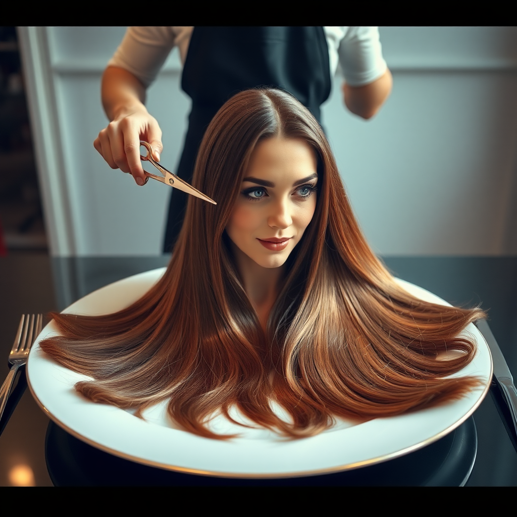 In a bizarre, surreal tableau, the polished surface of an elegant dining plate cradles the disembodied head of a strikingly beautiful Kate Middleton, her long, flowing hair cascading like a glossy waterfall of deep chestnut and honey highlights. The hair is luxuriously arranged, strands shimmering under the soft, ambient light that bathes the scene in an ethereal glow.

A skilled hairdresser, clad in a sleek black apron, stands poised with a pair of gleaming scissors, carefully trimming the endlessly luxurious locks that frame Kate's serene, almost ethereal features. The air is thick with the scent of salon products mingling with delicate hints of floral fragrances, creating an unusual yet strangely inviting atmosphere. The hairdresser's focused expression reveals a meticulous dedication as snippets of hair fall gracefully onto the pristine plate, echoing a sense of both artistry and absurdity.

The overall emotional tone conveys a dreamlike quality, inviting viewers to ponder the juxtaposition of beauty, identity, and the bizarre circumstances that bind them in this extraordinary moment.