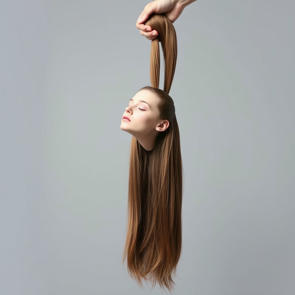 Surreal image of a very long haired woman's beautiful disembodied head hanging by her very long hair. Her very long hair is gathered at the top of her head into a long ponytail that stretches upward into a grasped hand. Plain gray background.