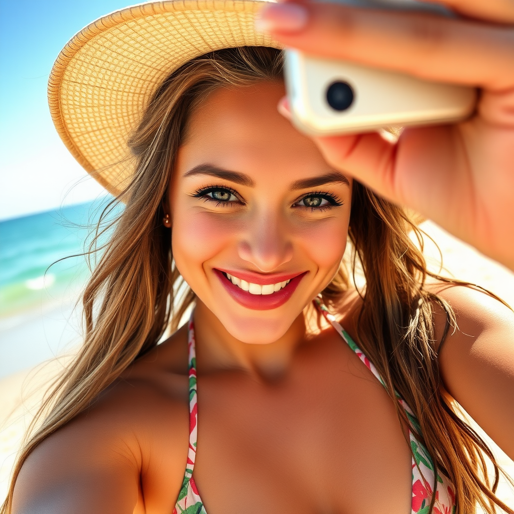 A selfie taken by a bikini model, while on a photoshoot. She is smiling.