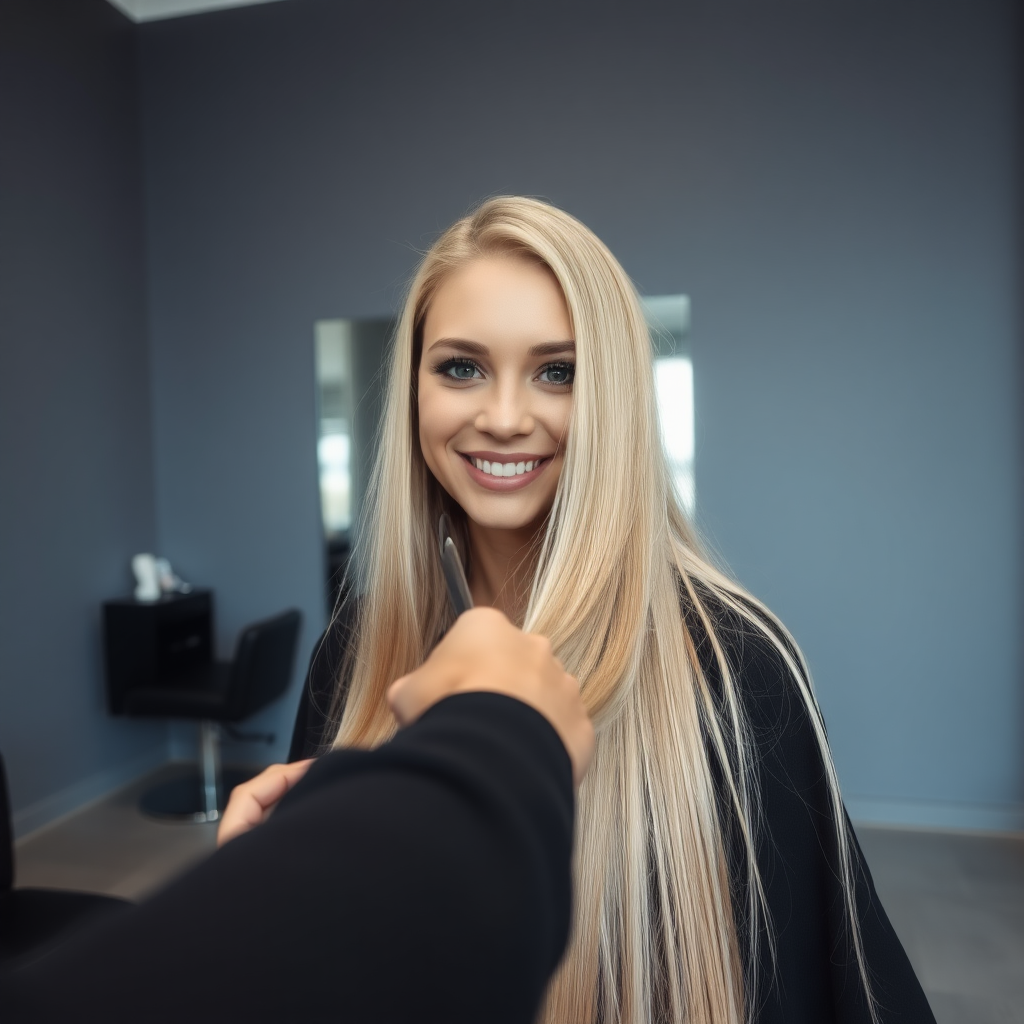 POV, beautiful very long haired blonde woman sitting in a hair salon smiling at the camera while I reach out from behind the camera to trim her very long hair.  Plain gray background.