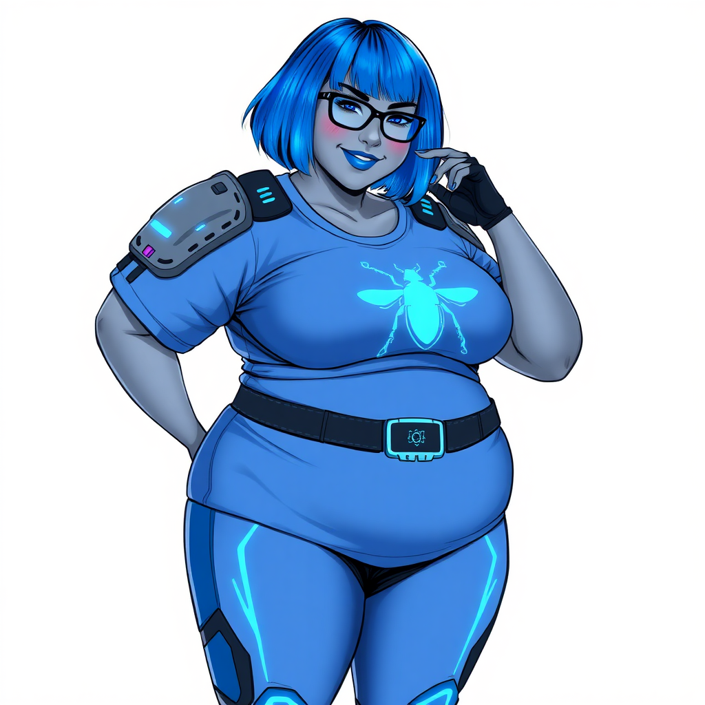 A 28-year-old, full-figured, metallic middle gray skinned computer program hybrid with a vibrant maximum blue bob cut. She has a non-athletic build, highlighted by a prominent, round, large midsection (fully emphasizing her round large belly) while being covered by her large t-shirt, reflecting her new junk food eating habits influenced by her boyfriend. As the full-figured, nerdy, digital sidekick to her cyberpunk vigilante boyfriend, her middle gray metallic skin and maximum blue lipstick underscore her digital essence. She dons a digital, computerized outfit: a large, tight-fitting, high-tech, maximum blue t-shirt with neon blue glowing beetle themed accents complete by a giant neon blue glowing beetle icon on the chest, hi-tech shoulder pads with neon blue accents, a black hi-tech belt with a digital sapphire beetle buckle, digital maximum blue pants with neon blue accents, and black hi-tech gloves with neon blue glowing accents. Her neon blue glowing eyes, black eyeglasses with neon blue lenses equipped with a built-in HUD, and shy smile with neon red blush highlight her nerdiness. She stands bashfully with one hand behind her back and the other gently touching her cheek, her outfit covering all her bare skin and fully emphasizing her full-figured physique (especially her large belly). She is clearly non-athletic, with a heavy focus on her full-figured physique (with full emphasis on her large belly). Despite her build, she radiates beauty. Her slim face contrasts with her physique, accentuating her radiant beauty. She is set against a solid white background. She is drawn as if she were in a retro 2D cyberpunk fighting game.