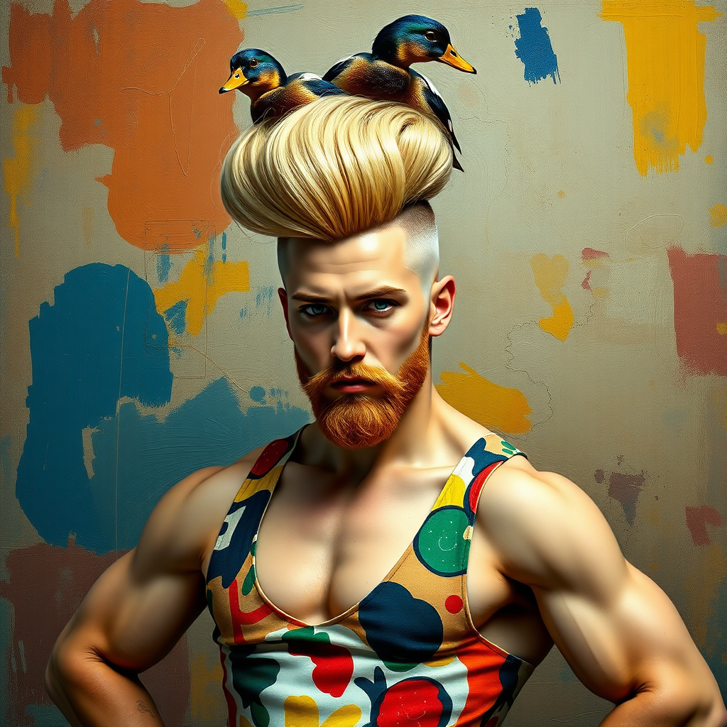 The background is a painting by Kandinsky. A 4K hyper-realistic photograph in the style of Kandinsky, blending surrealism with kitsch. The subject is a man with an extravagant, Italian blond haircut, styled in a flamboyant bun, paired with a sexy, Masculine look. He sports a neatly groomed, three-day beard — short, evenly distributed, with a light shadow effect across the chin, jawline, and cheeks. His makeup is dramatic, like a drag queen, adding to the boldness of his appearance. He has a muscular, athletic build. He’s dressed in an extravagant, he wears a dress painted by Kandinsky. standing confidently with his hands on his hips. Above him, smaller ducks rest playfully on his head.