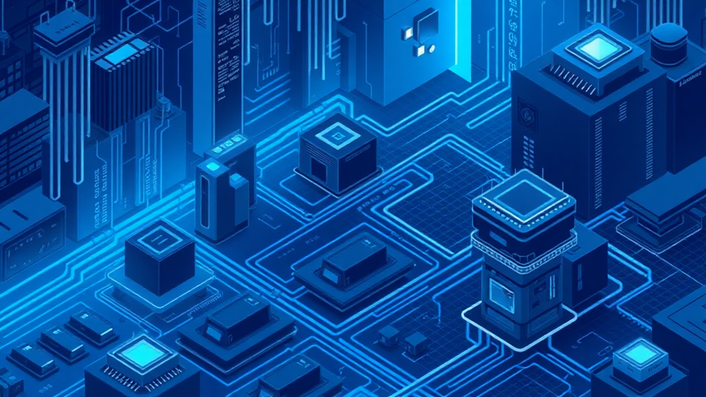 Create a cybernetic background for me, use dark blue colors, and draw it in isometric view.