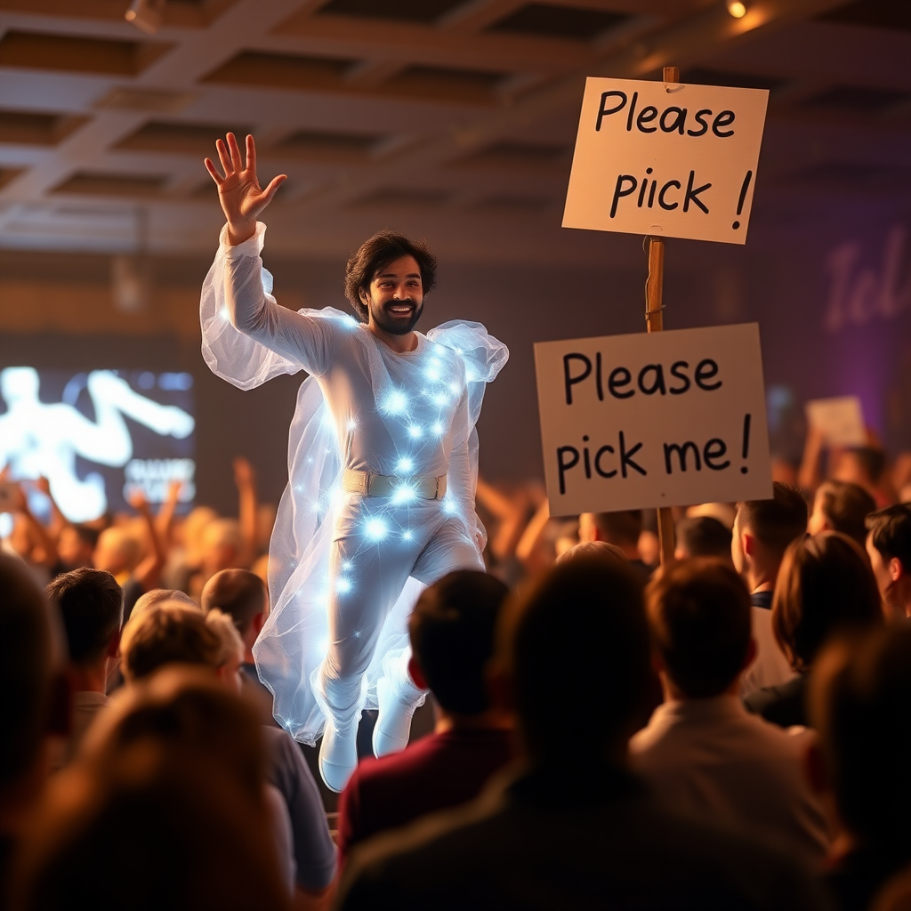 An ethereal mystic superhero eagerly jumps out of a crowd raising and waving his hand. His other hand holds a sign that reads "Please pick me!"