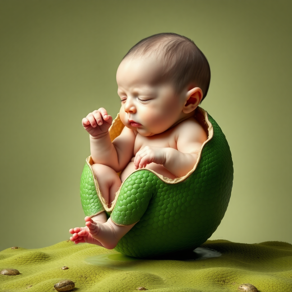 Create a mix picture in Salvador Dali style. With a fresh newborn human baby hatching from what looks like a green reptile egg.