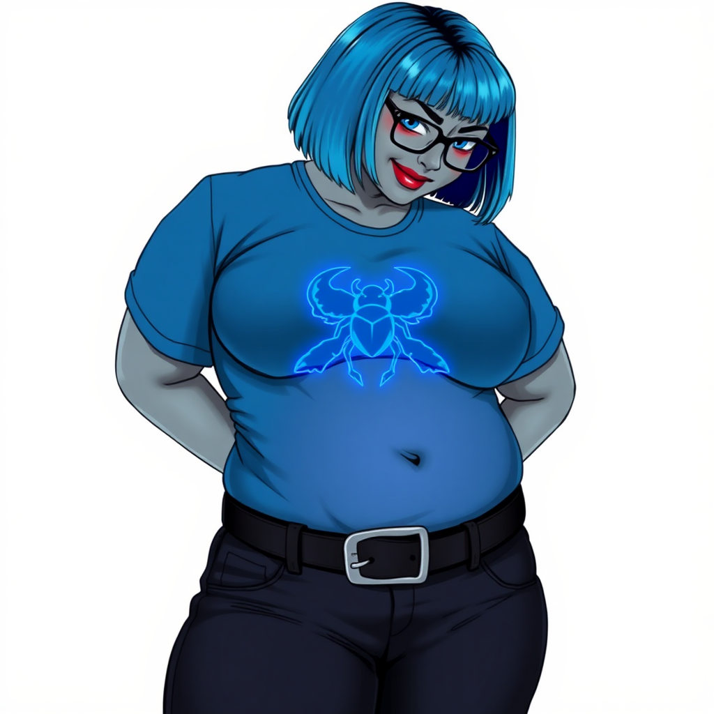 A 28-year-old, full-figured, metallic middle gray skinned computer program hybrid with a maximum blue bob cut. She has a non-athletic build, highlighted by a prominent, round midsection (with a focus on her belly). As a digital sidekick and computer hacker to her cyberpunk vigilante boyfriend, her middle gray metallic skin and maximum blue lipstick emphasize her digital nature. She wears a tight-fitting, maximum blue t-shirt (accentuating her belly) with a neon blue glowing chest icon of a beetle, black pants, a black belt with a sapphire scarab buckle, and black gloves. Her bright blue eyes, black eyeglasses, and shy smile with neon red blush accentuate her nerdiness. She bashfully bows her head with her hands behind her back, her t-shirt covering her midsection (especially her belly) and emphasizing her full-figured, non-athletic physique. She is on a solid white background. She is drawn as if she was in a retro 2D cyberpunk fighting game. She is clearly non-athletic, with a focus on her full figure. Make sure her t-shirt covers her midsection (especially her belly).