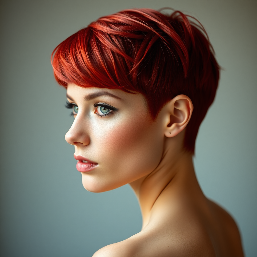 beautiful model in profile, green eyes, very short haircut in poppy red color