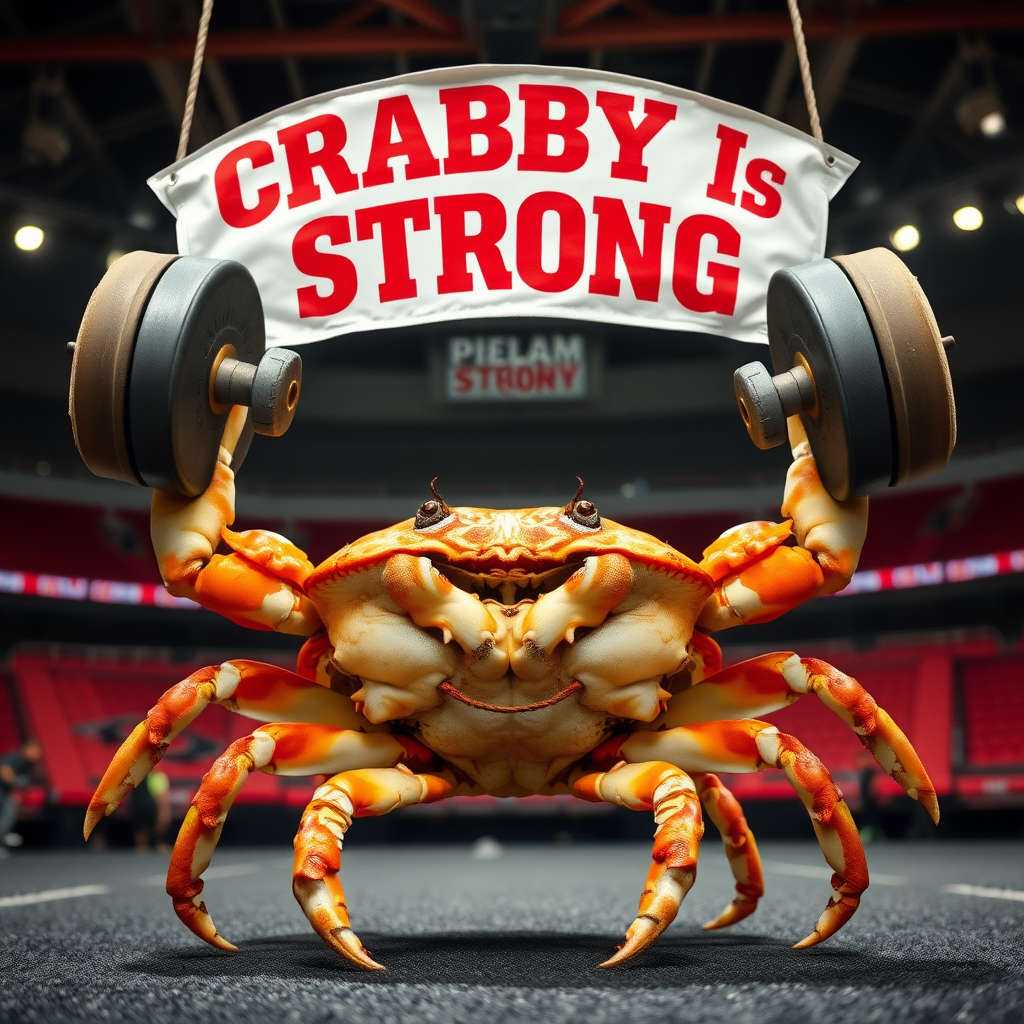 A photo realistic crab lifting weights over his head with his claws in a sport arena with a banner overhead that says "Crabby is Strong"