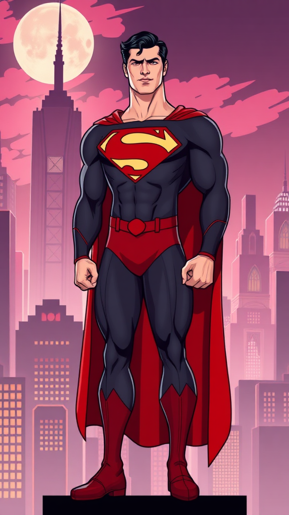 Create a full-length image of Superman featuring the musculature and silhouette of Jessica Rabbit. Maintain Superman's original head, hairstyle, and facial features. Retain his costume but add embellishments and adjust the design to fit the new proportions. Design the background by blending elements inspired by both Superman's Metropolis cityscape and Jessica Rabbit's glamorous, art deco aesthetic.