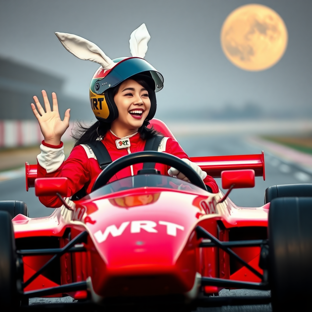 On the track, there is a red Formula racing car with "WRT" written on it. A beautiful Chinese female racer, wearing a racing helmet with white rabbit ears protruding from the top, is laughing and waving one hand while tightly gripping the steering wheel with the other hand. The background features a巨大 moon.