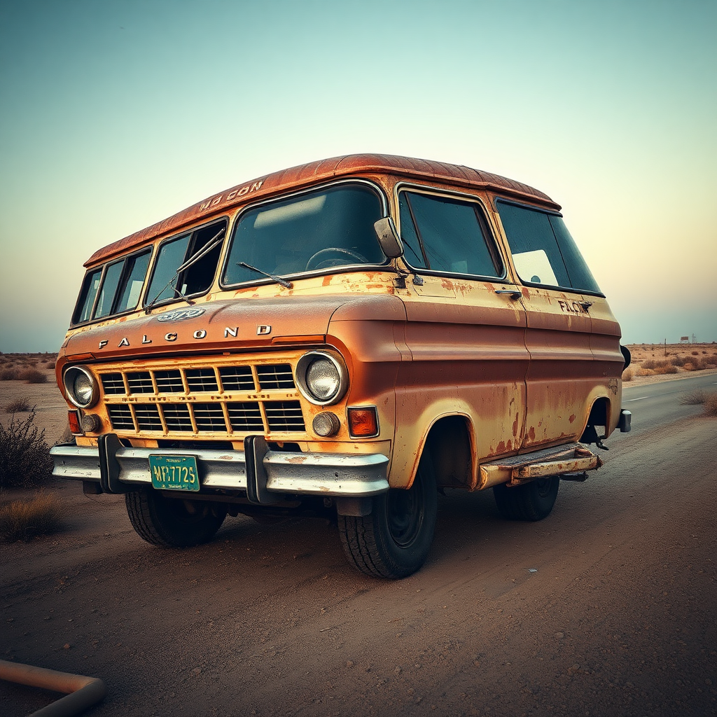 Ford Falcon Mad Max post-apocalyptic dust rusty zombie the bus is parked on the side of the road, inspired by Taiyō Matsumoto, tumblr, restomod, nd4, c4