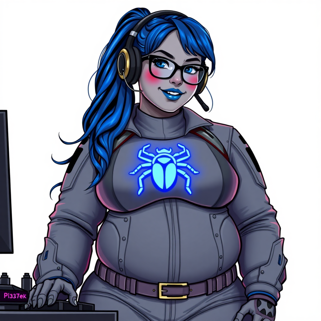 A nerdy, full-figured middle gray-skinned 29-year-old computer program hybrid with a long, maximum blue ponytail. She wears maximum blue lipstick and has bright blue eyes. Her outfit includes a digital, computerized, middle gray biker suit featuring a neon blue glowing beetle chest icon. She sports a sapphire headset and black eyeglasses, with a lovestruck smile and neon red blush. Her full figure reflects the doting care of her vigilante boyfriend. As his tech expert, she works diligently at her lab table in their hideout. The background is solid white. She has a prominent, gargantuan, round midsection, thick limbs, and broad shoulders. Her middle gray metallic skin highlights her digital nature. The biker suit blends with her middle gray skin appearing to merge together as computer data. She is drawn as if she was in a retro 2D cyberpunk fighting game.